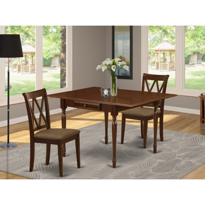 Ensemble de table de salle à manger 3 pièces pour petits espaces comprenant une table de salle à manger rectangulaire avec Dropleaf et 2 chaises en tissu de lin, acajou