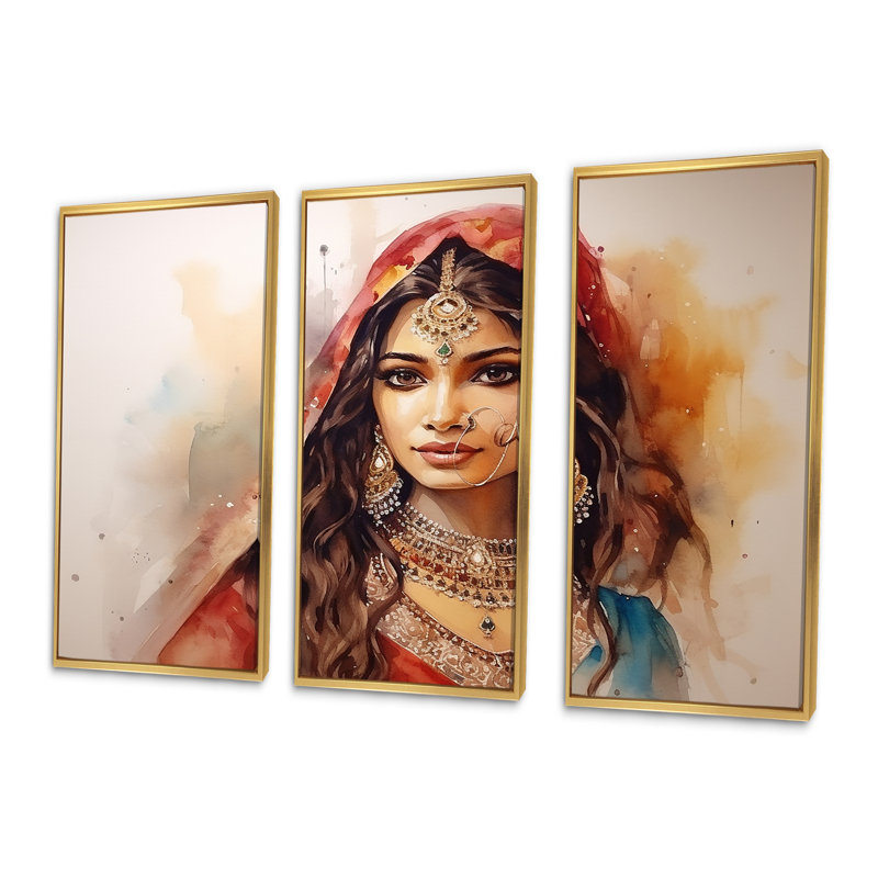 Art indien sur toile, femme indienne, Cadre flottant doré, H 28 po x l 36 po
