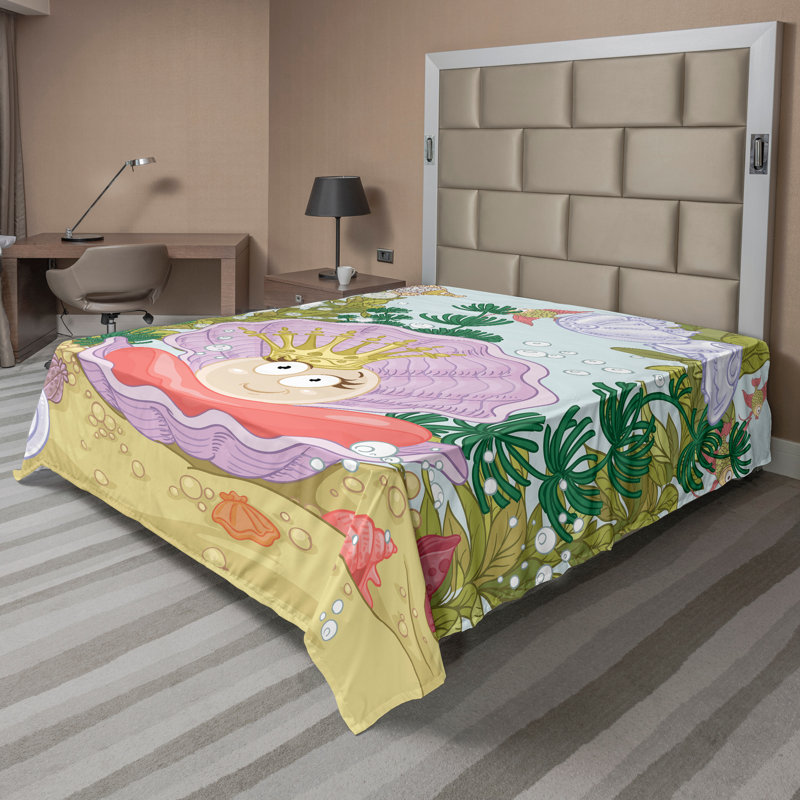 Ambesonne Pearls Top Flat Sheet Cartoon Pearl Nautical Art Multicolor, Full Flat Sheet