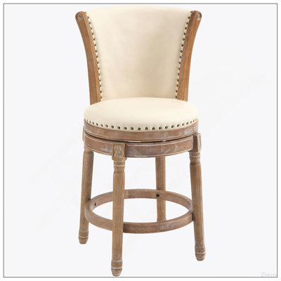 Tabourets de bar en cuir de vache avec dessus en bois, chaise de bar pivotante à 360 degrés avec dossier haut, tabourets de bar à hauteur de comptoir pour la cuisine, la salle à manger et le bar (beige, 1 pièce)