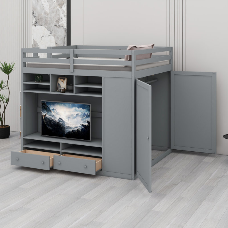 Loft Bed With Drawers, Shelves And Light, Grey