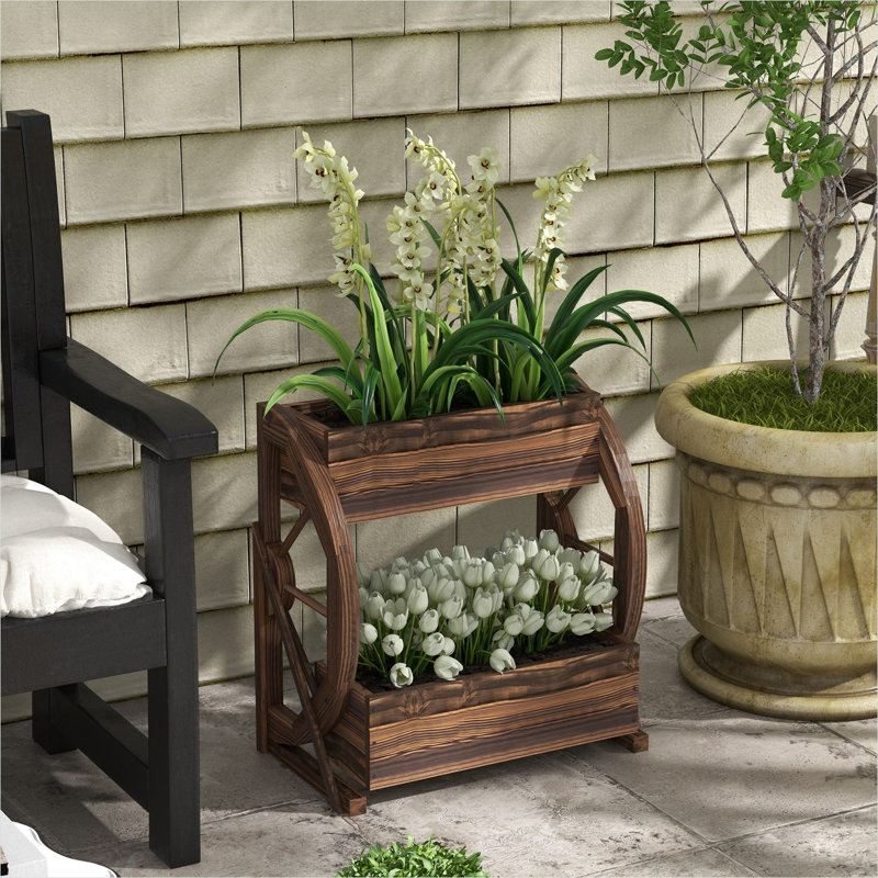 Support à plante en bois de sapin carbonisé pour espace extérieur avec détails en bois massif, 21,8 x 12,5 x 22 po