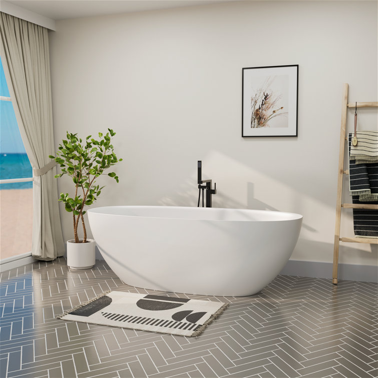 65" x 30" Freestanding Solid Surface Soaking Bathtub with Pop-Up Drain & Overflow, CUPC Certified, Elegant Design for Modern Bathrooms