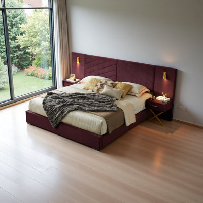 Velvet Bed Frame/Vertical Channel Tufted Wingback Headboard