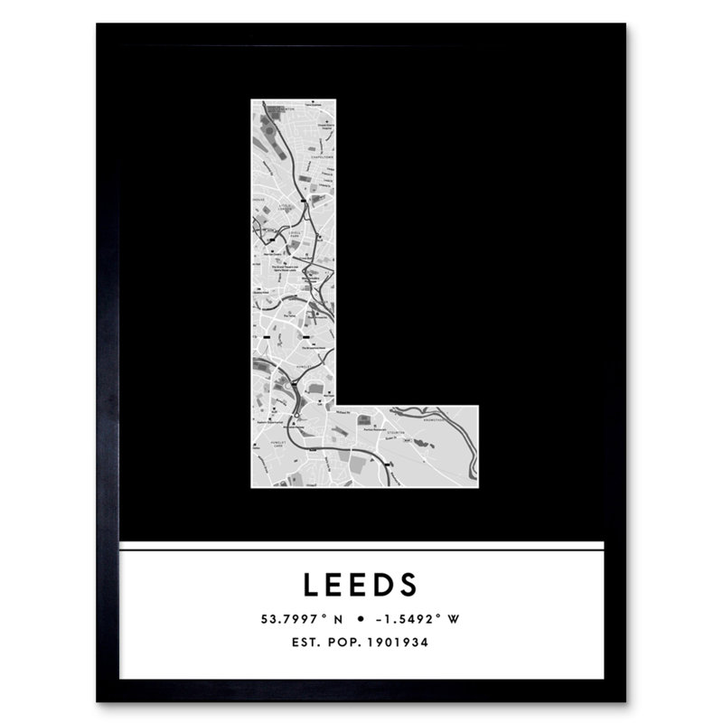 Leeds City Map Leeds Black & White by Wee Blue Coo - Single Picture Frame Typography