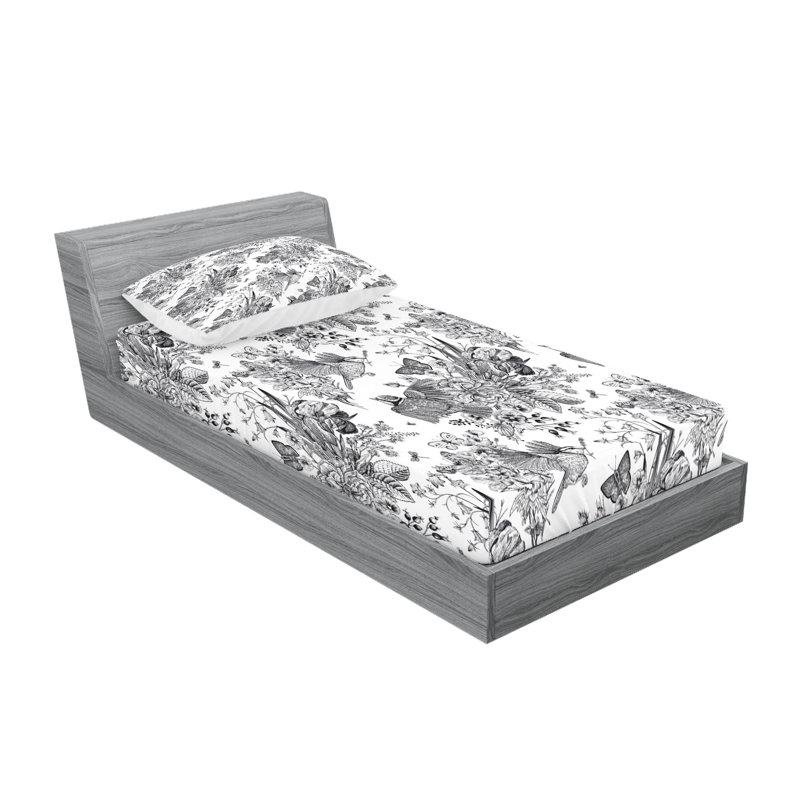 Drap-housse et coussin décoratif floral Ambesonne gris anthracite et blanc, Ensemble de draps pour lit simple + 3 pièces supp