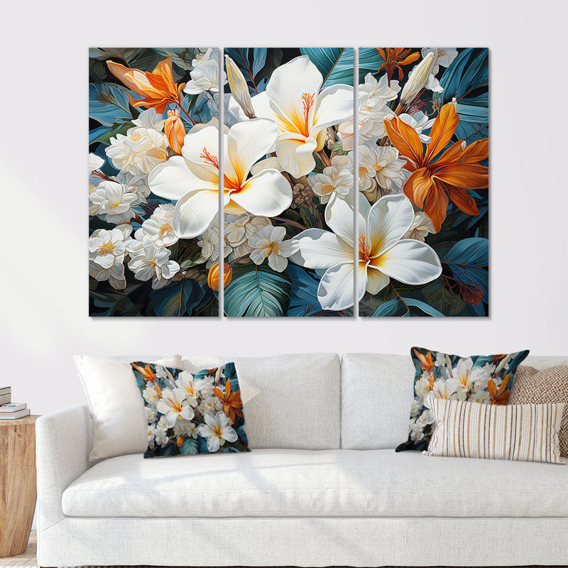 Plumeria Blossom beige et blanc - ensemble de décoration murale fleur, H 40 po x l 60 po x P 1 po