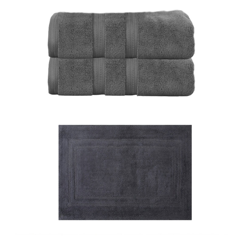 Buariki Collection 100% Soft Cotton Bath Towel Set & 1 Pc Bath Rug, Reversible, Dark Gray