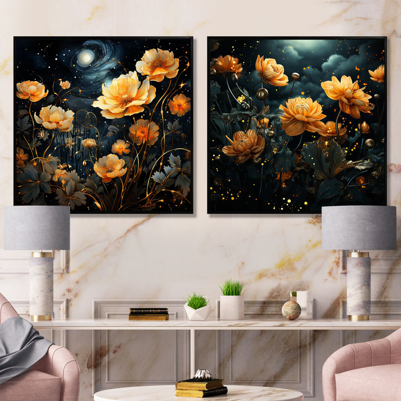 Nuit étoilée fleur de souci I - ensemble de salon art mural souci de 2, Cadre flottant noir, H 30 po x l 61 po x P 1 po