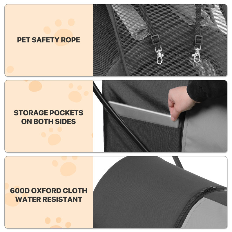 Black and Gray Double Pet Stroller with Steel Frame