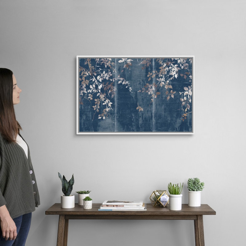 Indigo, art japonais sur toile, jardin japonais, H 22 po x l 32 po, Toile avec cadre blanc