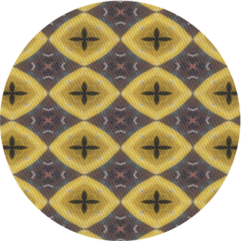 Tapis jaune/brun/gris à motifs Horasan, Rond 4 pi