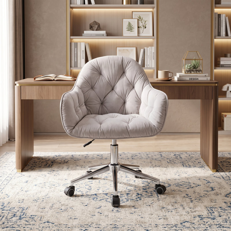 Liwia Velvet Upholstered Swivel & Adjustable-Height Task Chair with Chrome Metal Base, Gray