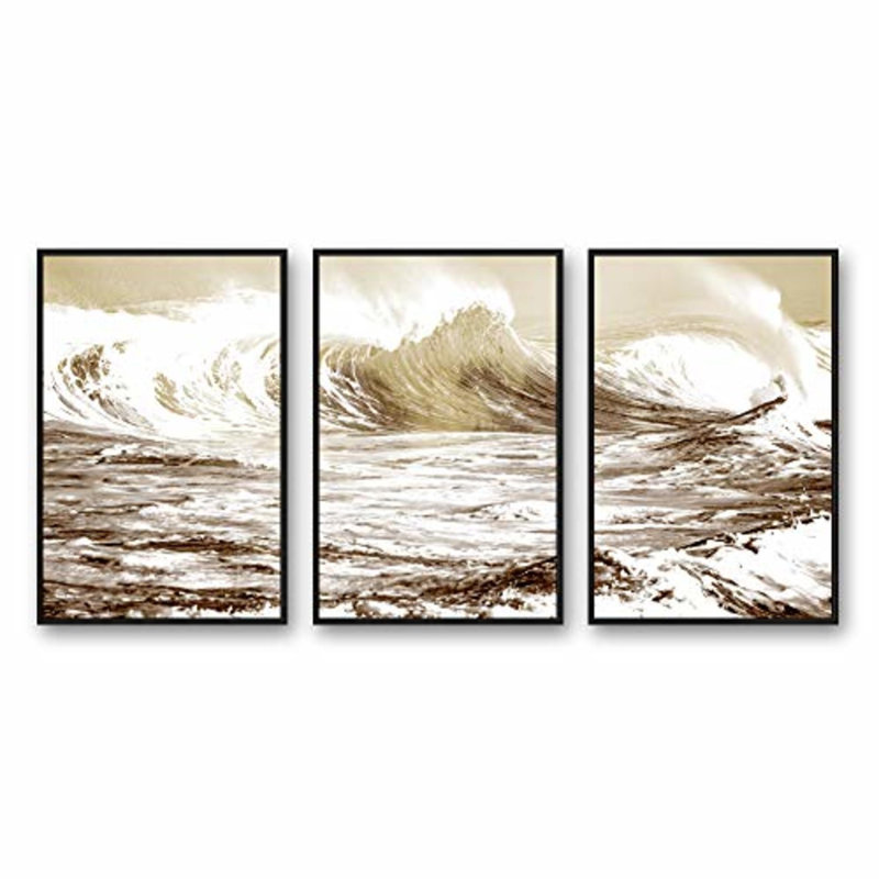 3 pièces murales encadrées pour salon, chambre à coucher Golden Waves, H 24 po x l 48 po x 1,5 po, Toile encadrée noire