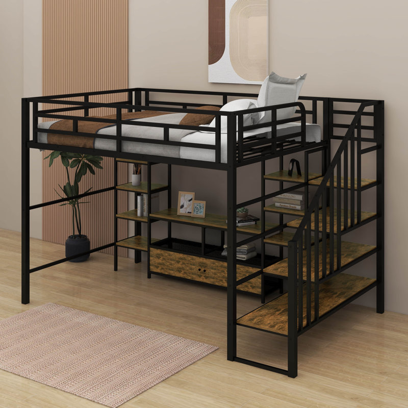Full Size Metal Loft Bed With Staircase,Table And Shelves, Black