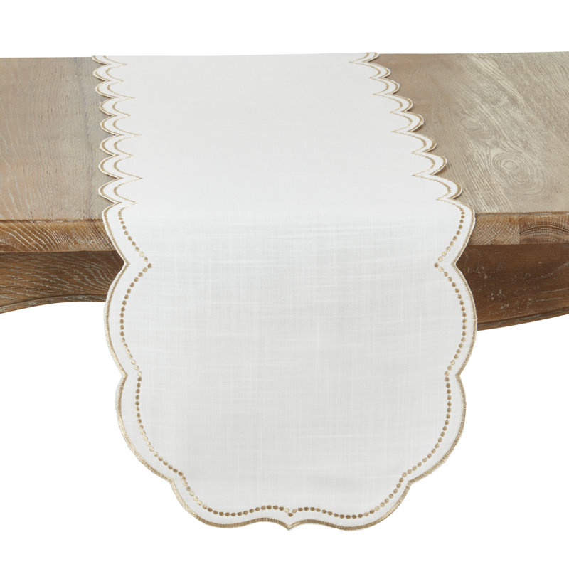 Embroidered Polka Dot Table Runner w/ Scallop Edge, White/Gold