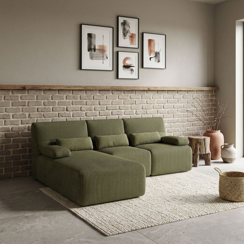 Canapé d'angle modulaire en forme de L 3 places avec assise ergonomique incurvée, coussins d'accoudoirs et oreillers, Vert