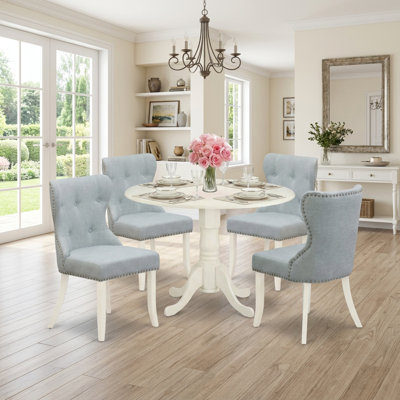 Ensemble de table de salle à manger ronde à abattants en bois asiatique, blanc lin et bleu ciel, et 4 chaises Parsons