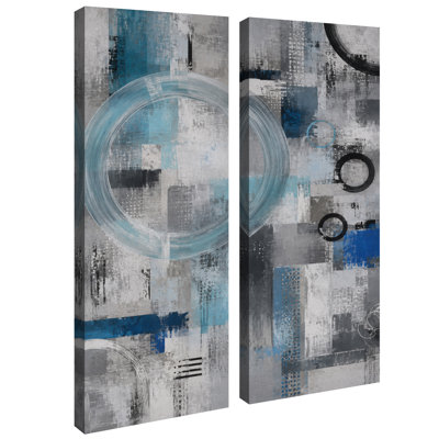 Cercle géométrique abstrait bleu-gris – Ensemble de 2 impressions sur toile 32 po x 12 po x 2