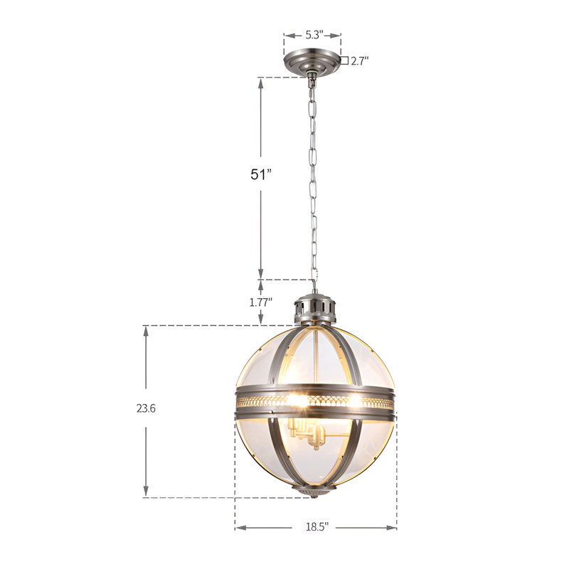 Lustre sphérique en verre à trois ampoules de 18 pouces de style hôtelier Overbey