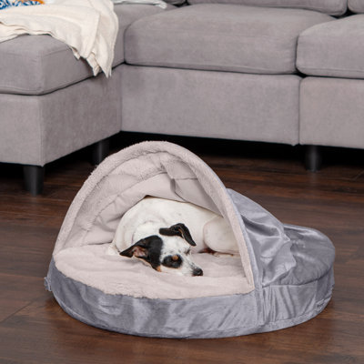 Wave Fur & Velvet Snuggle Cave Orthopedic Hooded Dog Bed