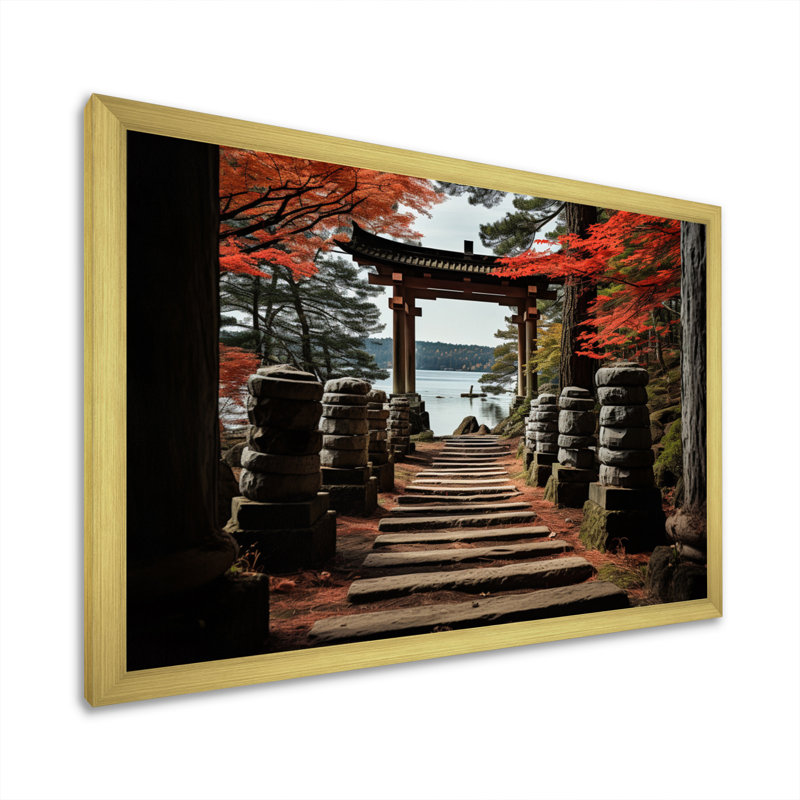 Japon Art Red Torii Gate III - Japan Art Wall Decor, H 12 po x l 20 po x P 1 po, Encadrement doré