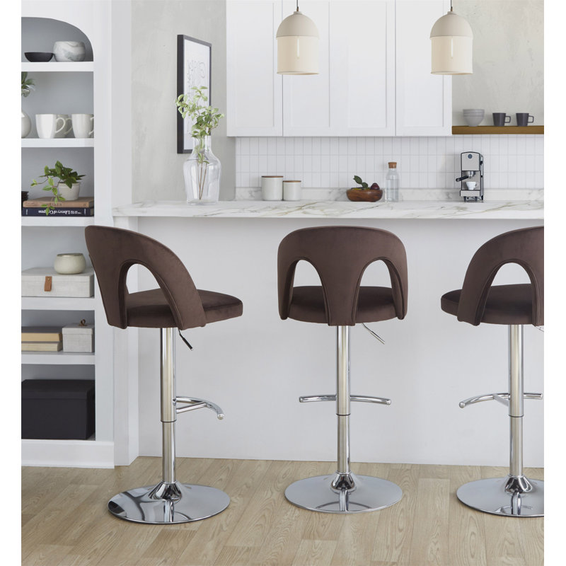 Tabouret de bar réglable en métal chromé et velours espresso avec repose-pieds arrondi en T - ensemble de 2, Silver