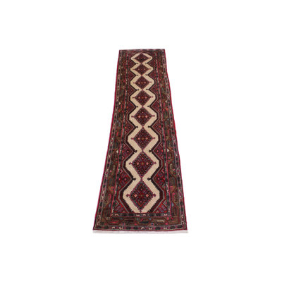 Tapis rouge / ivoire en laine noué à la main à motif géométrique 2 pi 5 po x 9 pi 1 po Madeha