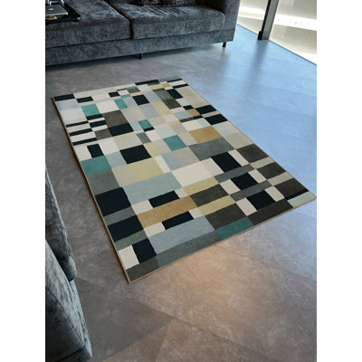 Blue-Black Themed Line Mixed Geometric Shape Patterned Modern Decorative Rug