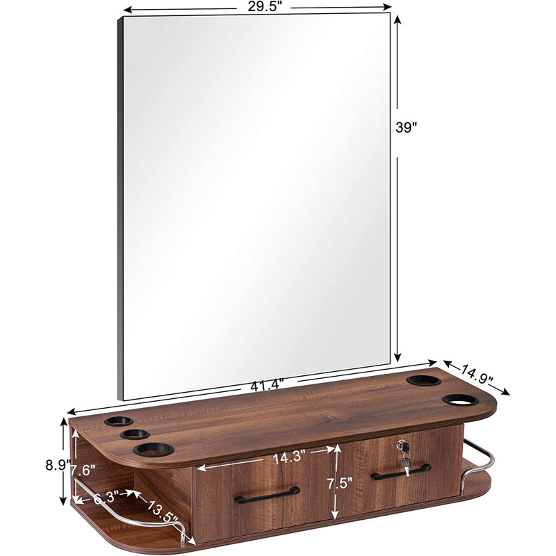 Brown Particle Board Wall-Mount Barber Station with Mirror