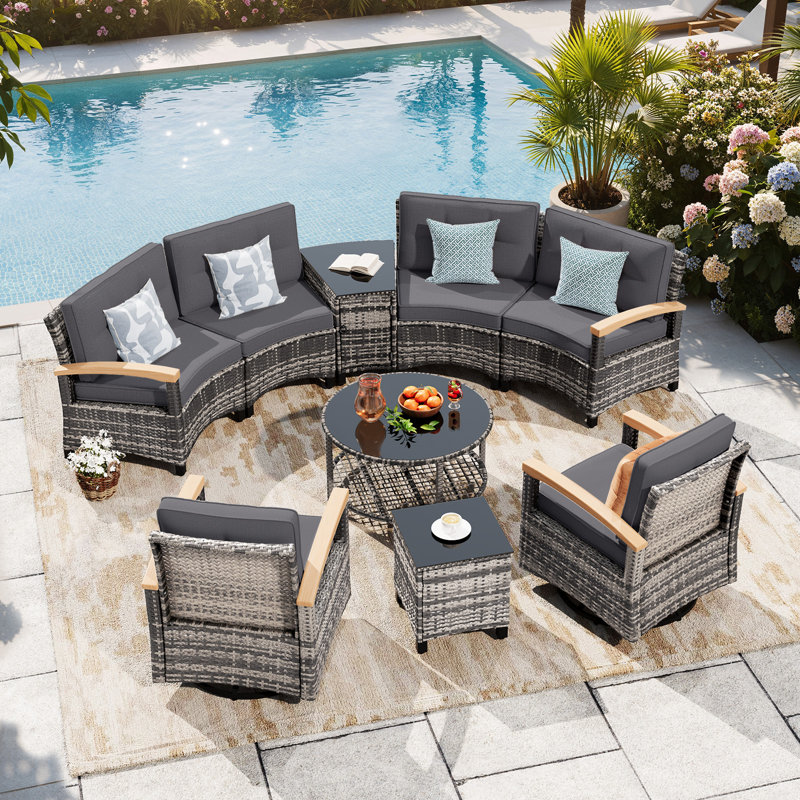 9 Piece Outdoor Patio Furniture Set, Half-moon Curved Sectional Sofa Rattan Patio Conversation Set With Wood Armrests, Tempered Glass Round Coffee Table & Side Table