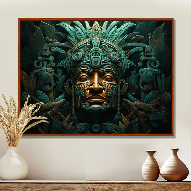 Maya Magic Aztec Mask I - Art mural mexicain, H 34 po x l 44 po x P 1,5 po, Cadre flottant brun