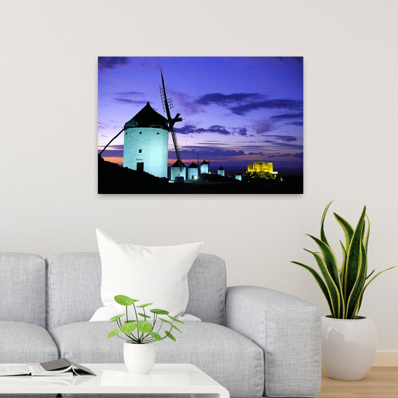Old Traditional Windmills On Hill At Sunset, Consuegra, Castilla La Mancha, Spain Contemporary Architecture Wall Art
