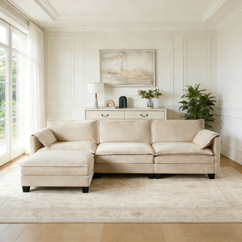 Canapé modulaire rembourré en L avec repose-pieds 4 pièces 107 po 4 pièces, Mélange de lin beige
