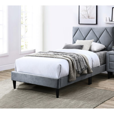 Grey Velvet Full Size Bedroom Furniture, Adjustable Headboard, Bed Frame With Fabric Cover, 12 Slat Support