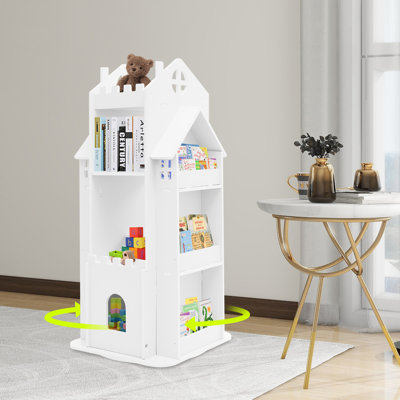 Castle Shaped 360° Rotating Kids Bookshelf Free Standing Revolving Children Bookcase Space-Saving Storage Organizer for Playroom Kids Bedroom（White）