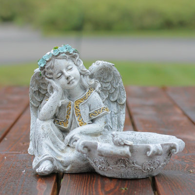 10" Gray Resting Angel Bird Feeder Outdoor Garden Statue