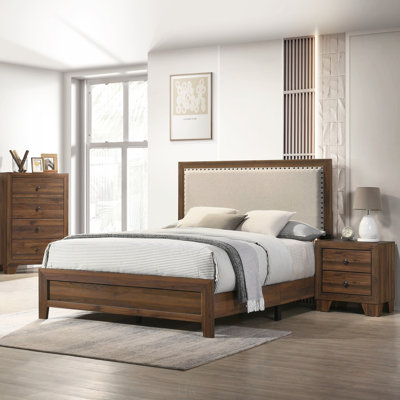 Elegant Brown Cherry Finish Full Size Panel Bed With Tufted Upholstered Headboard And Nailhead Trim For Modern Bedrooms
