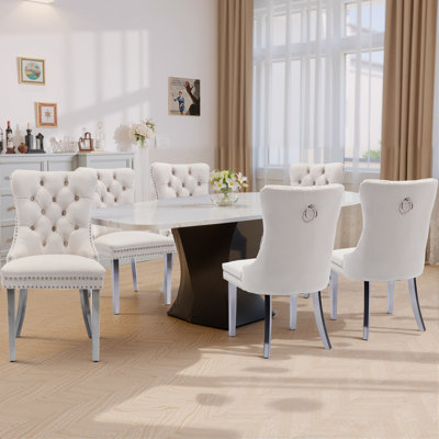 Velvet Dining Chairs Set Of 6, Upholstered High-End Tufted Dining Room Chair With Nailhead Back Ring Pull Trim Metal Legs, Contemporary Nikki Collection Modern Style For Kitchen