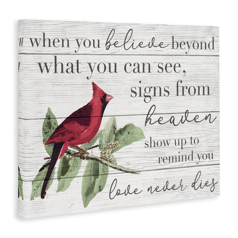 «Believe Love Never Dies Inspirational Cardinal Bird Word Design» par Daphne Polselli, impression, H 36 po x l 48 po
