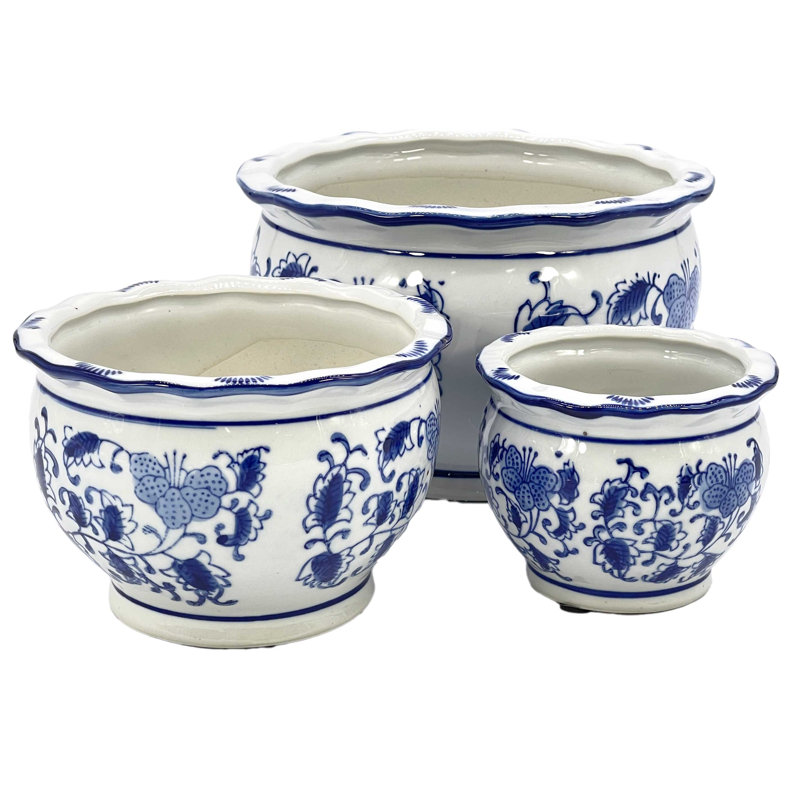 Set of 3 Blue and White Floral Ceramic Planter Pots