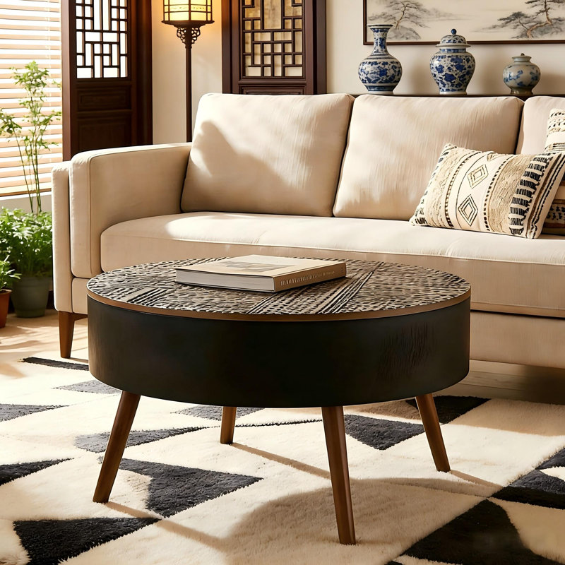 31.5-inch Round Carved Coffee Table with Storage Space, Brown