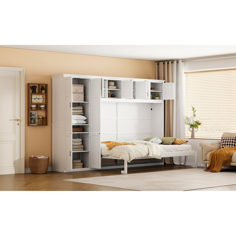 Grand lit avec armoires blanches élégantes - Finition élégante et système de rangement efficace, Blanc