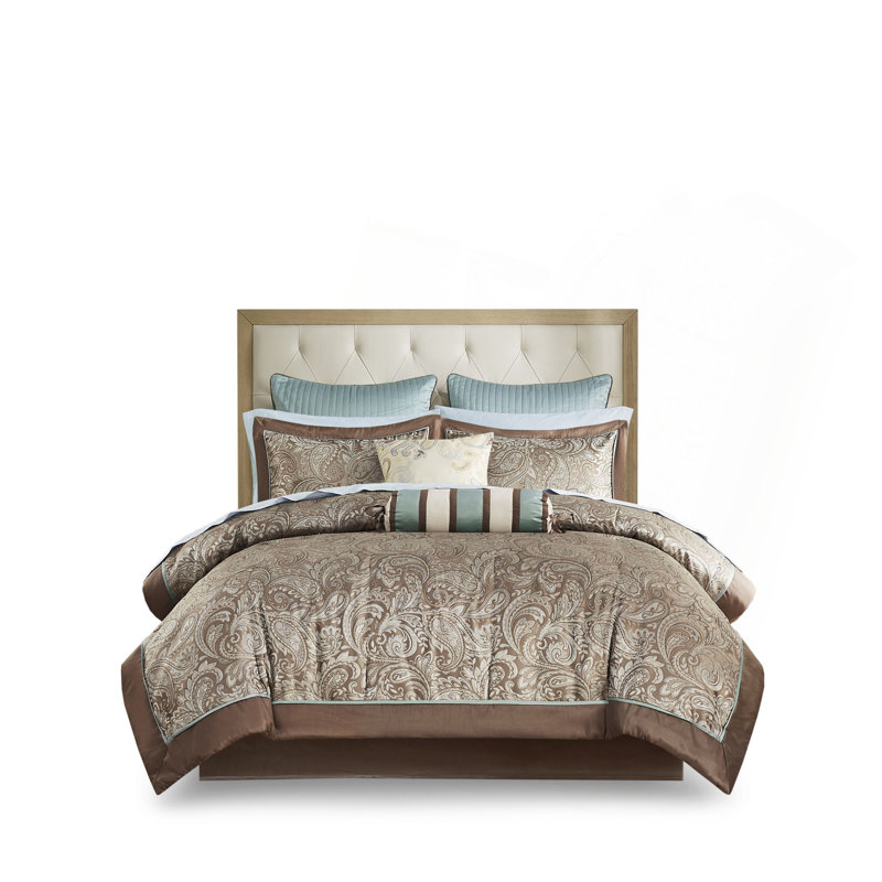 Ensemble d'édredon 12 pièces avec draps en coton bleu / brun, Édredon pour lit double + 11 pièces supplémenta, Bleu/brun