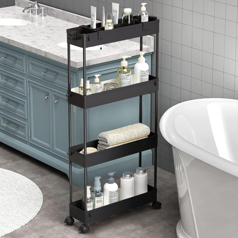 Chariot de rangement mince à 4 niveaux, utilitaire roulant d'organisation de salle de bain, étagère mobile coulissante
