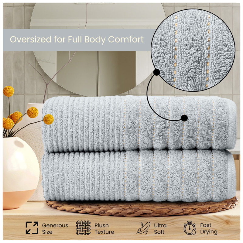 Premium Ribbed Cotton Bathroom Towel Collection, Soft & Plush, Fast Absorbing Hand, Bath Towels & Bath Sheets - 2 Pack