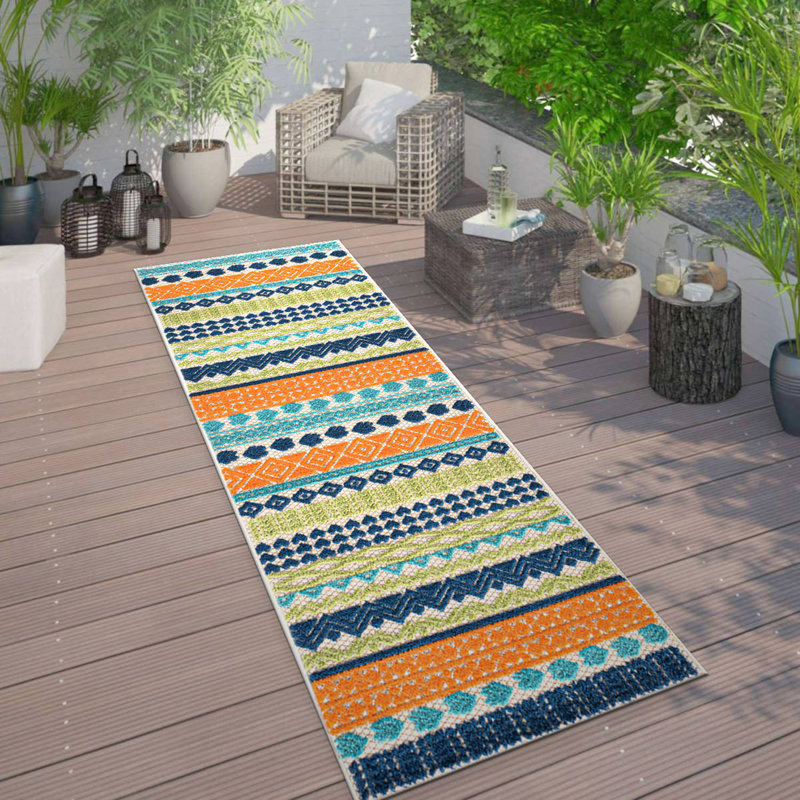 Tapis d'intérieur / extérieur géométrique Duxbury - orange / bleu marine / vert, Runner 2'7" x 6'