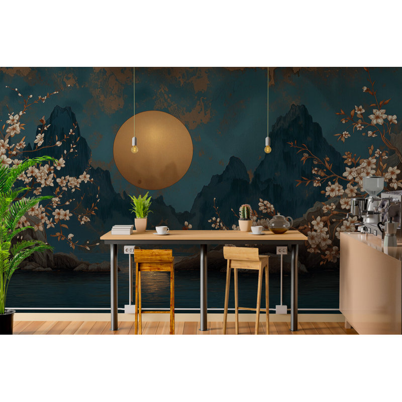 Papier peint fleur de montagne d'inspiration asiatique en bleu sarcelle et or, 60" L x 90" W, Non-Woven