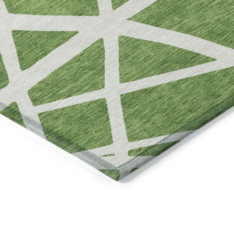 Green and White Geometric Washable Synthetic Rug