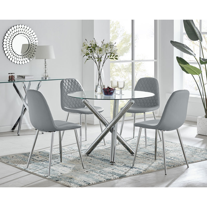 Eubanks Modern Glass And Chrome Round Dining Table Set With 4 Luxury Faux Leather Dining Chairs